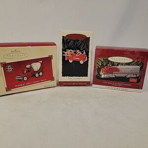 Lot Of 3 Hallmark Keepsake Ornaments, Cement Truck, Fire Truck, Lionel Train.